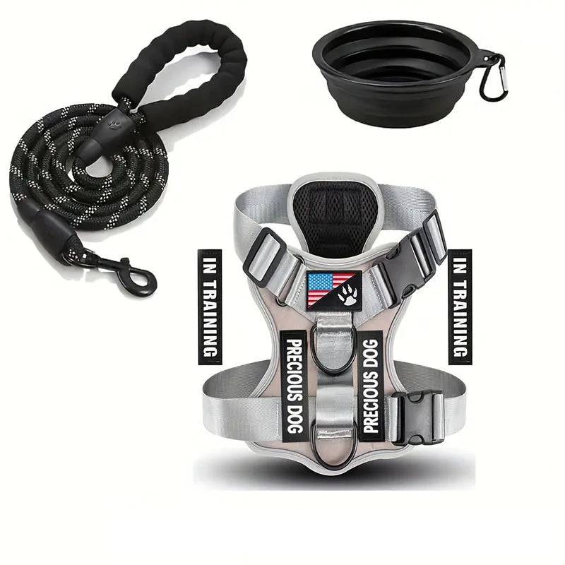 Reflective Dog Harness & Leash Set with Folding Bowl - Silvery / M (M)