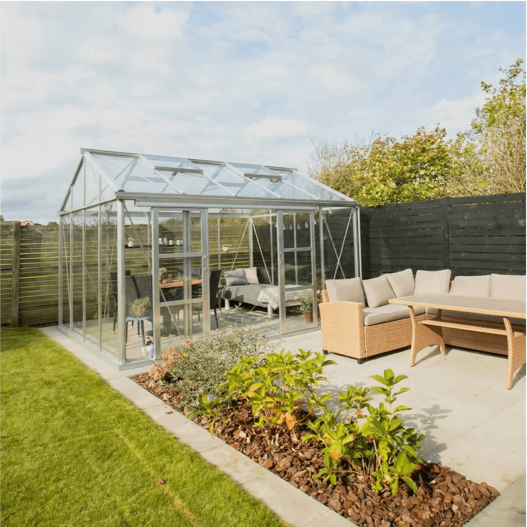 Drivhus Royale 12.1 M² - Ubehandlet aluminium / 4 mm. hærdet helbaneglas komplet / Dobbelt skydedøre