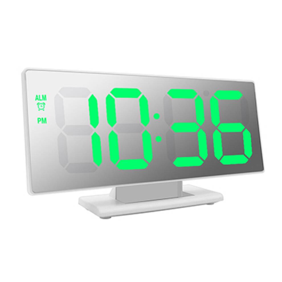 Snooze-funktion, 180-graders projektor, spejl-LED-display: Stor skrifttype LED-ur med justerbar lysstyrke, temperaturdisplay, nattilstand, bærbart