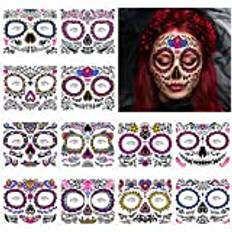 URAQT Halloween-ansikte tillfälliga tatueringar, 12-pack Day of the Dead Fluorescerande ansikts-tatueringsklistermärken, skelett spindelnät Röda rosor Överföringar ansiktstatueringar för kvinnor Män Halloween-festfavorittillbehör
