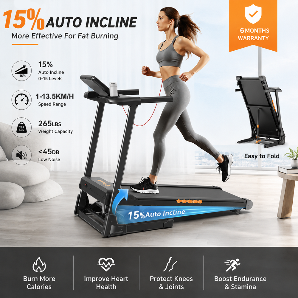 Formill FT61 3.0HP Foldable Treadmill, 15% Incline, 13.5km/h, 17×43Inch Belt, 300lbs Load, Silent, LCD, Shock-Absorbing for Home
