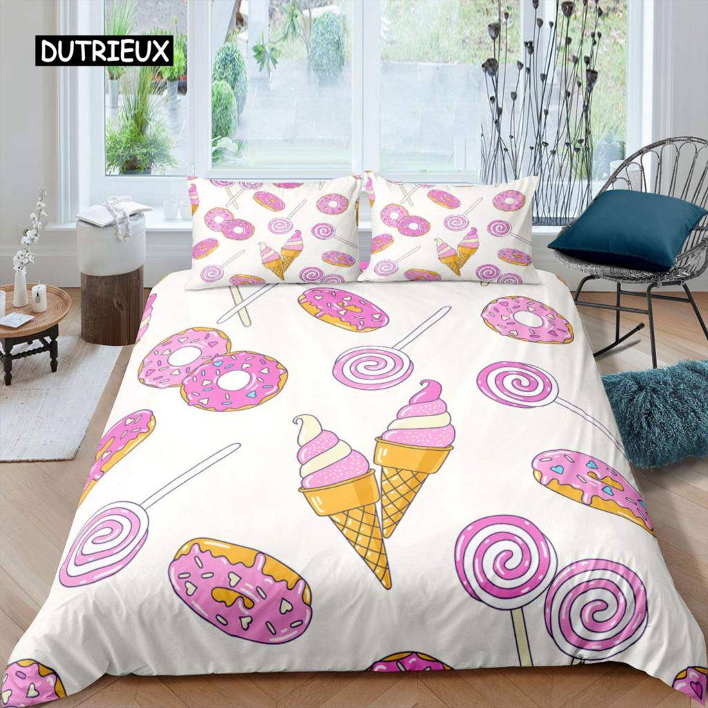 Lollipop Påslakanset Mat-tema Täcke Överdrag Blått Bubbla Sängkläder Set för Barn Barn Kvinnor Flickaktigt Drömskt Täcköverdrag 140x200cm 3pcs