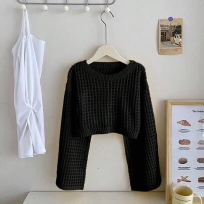 Tween-flicka enfärgad tröja med urholkad design, lång ärm, höstpullover - Svart (7Y,8Y,9Y,10Y,11Y,12Y,13Y)