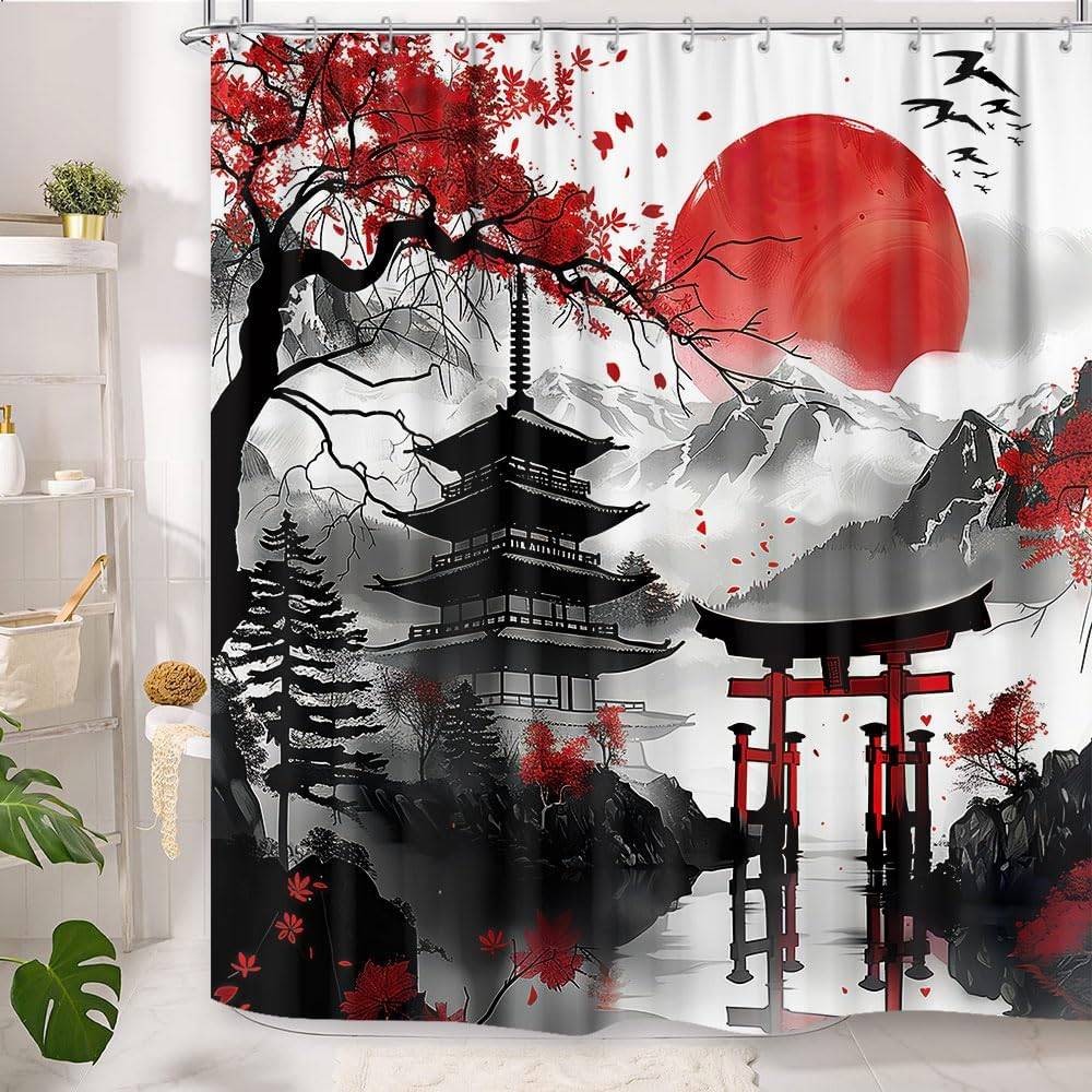 Japansk Anime Duschdraperi,Cool Akvarell Japan Körsbärsblommor Blommig Berg Asiatisk Orientalisk Abstrakt Konst Duschdraperi