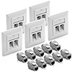 deleyCON 5x Keystone-Kontakt Nätverkskontakt Infälld Datakontakt + 10x CAT 6a Keystone Jack-Modul RJ45 Uttag - CAT Nätverk Installation Kabel Helt Skärmad Vit