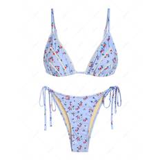 ZAFUL Damen-Bikini-Set mit Spitzenbesatz, Ditsy-Blumendruck, Dreiecksbindung, Seitlich Verstellbar, Spaghettiträger, String-Tanga-Bikini-Set, Badebekleidung Set