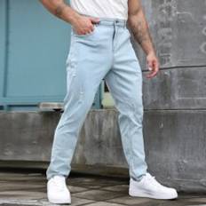 Herr Plus Size Casual Washed Ripped Tapered Jeans, Plain Light Jeans Slim Fit Long Baby Blue Washed Cargo Jeans, för make, pojkvänspresenter - Blå - 2XL,3XL,4XL,5XL,6XL