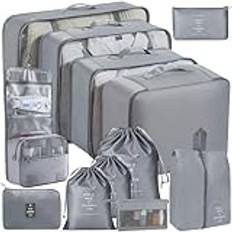 SaiXuan 12-delat set med resväska, klädpåsar, förpackningskub med kosmetikväska, skoväska, packningskubs-set, bagagearrangör, packväskor set för semester och resor (grå)