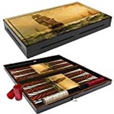 PrimoLiving Deluxe Backgammon Sailor i XXL-format 57 x 48,8 cm – spelplan backgammon, trä, resväska, hopfällbar