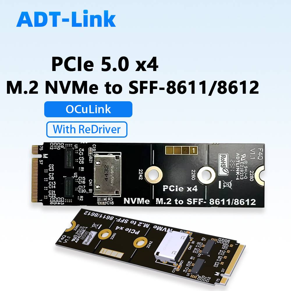 PCIe 5.0 X4 External Graphics Card EGPU F4Q M.2 NVMe To OCuLink SFF-8612 8611 Female Card Adapter Board + ReDriver Chip Gen5 X4