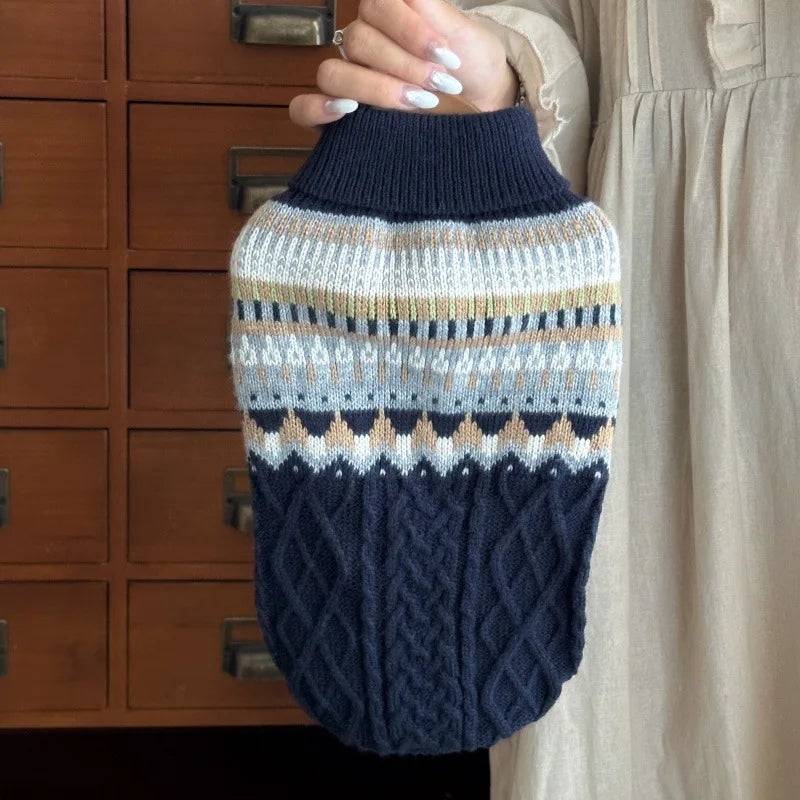 Vintage Print Dog Sweater for Small & Medium Dogs — Navy, Blue & Beige - navy / M(3.5-4kg) (M(3.5-4kg))