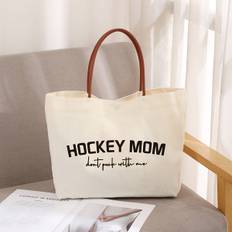 TEMU Hockey Mom Fashion Tote Bag - Polyester Handbag With Handles, Cream Color, Commuting, School, Shopping & Beach Trips