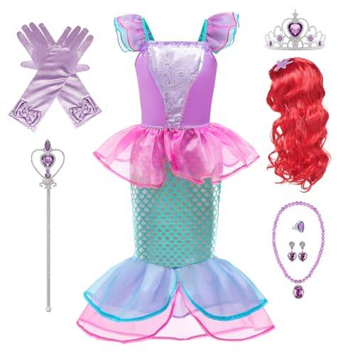 EMIN Barn Mermaid Princess Kostym, Flicka Prinsessan Ariel Klänning, Princess Accessory Set, Mermaid Princess Peruk, Prinsessklänning, Födelsedag, Fest, Jul, Halloween, Karneval, Cosplay