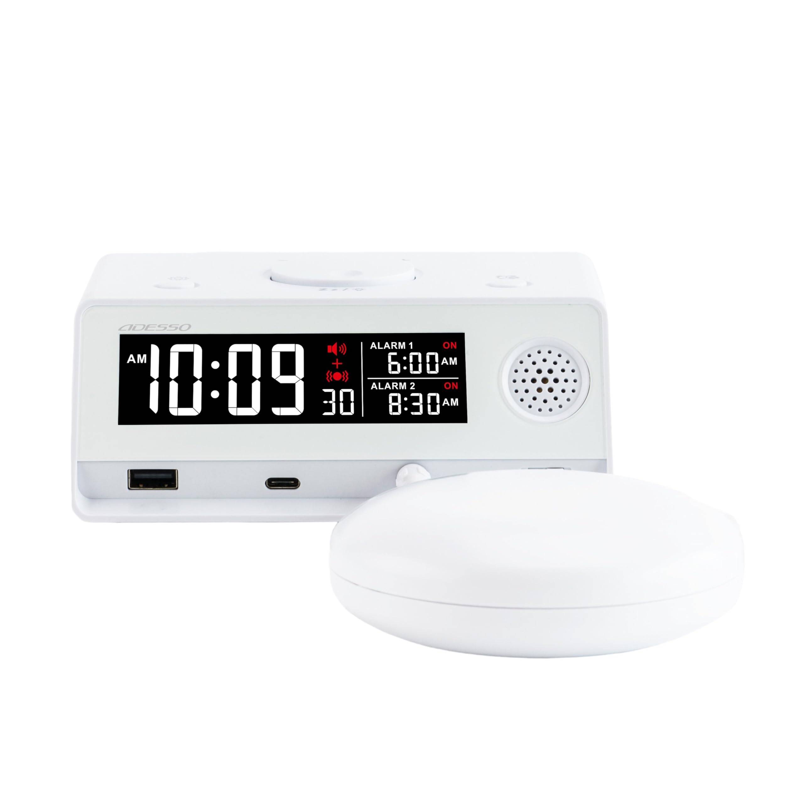 ADESSO Alarm Clock BB-330, Super Vibrating/Crashing, Loud 100dB Vibration, Double Alarm, Snooze Function, USB Charging, White