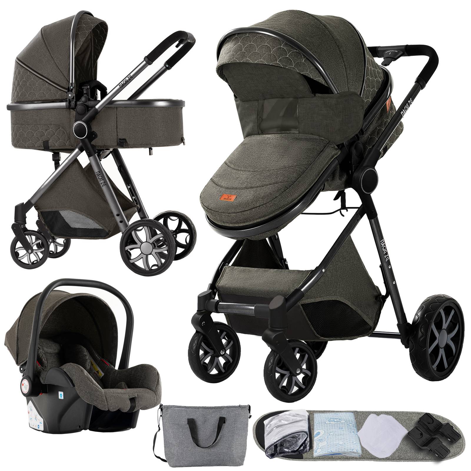 Luxury Stroller 3-in-1 with Car Seat Newborn Five-Point safe Harness Four-wheel Pram Shock-Absorbing Foldable Baby Travel for Air Travel and Long trip Pushchair with Explosion-Proof EVA wheel with