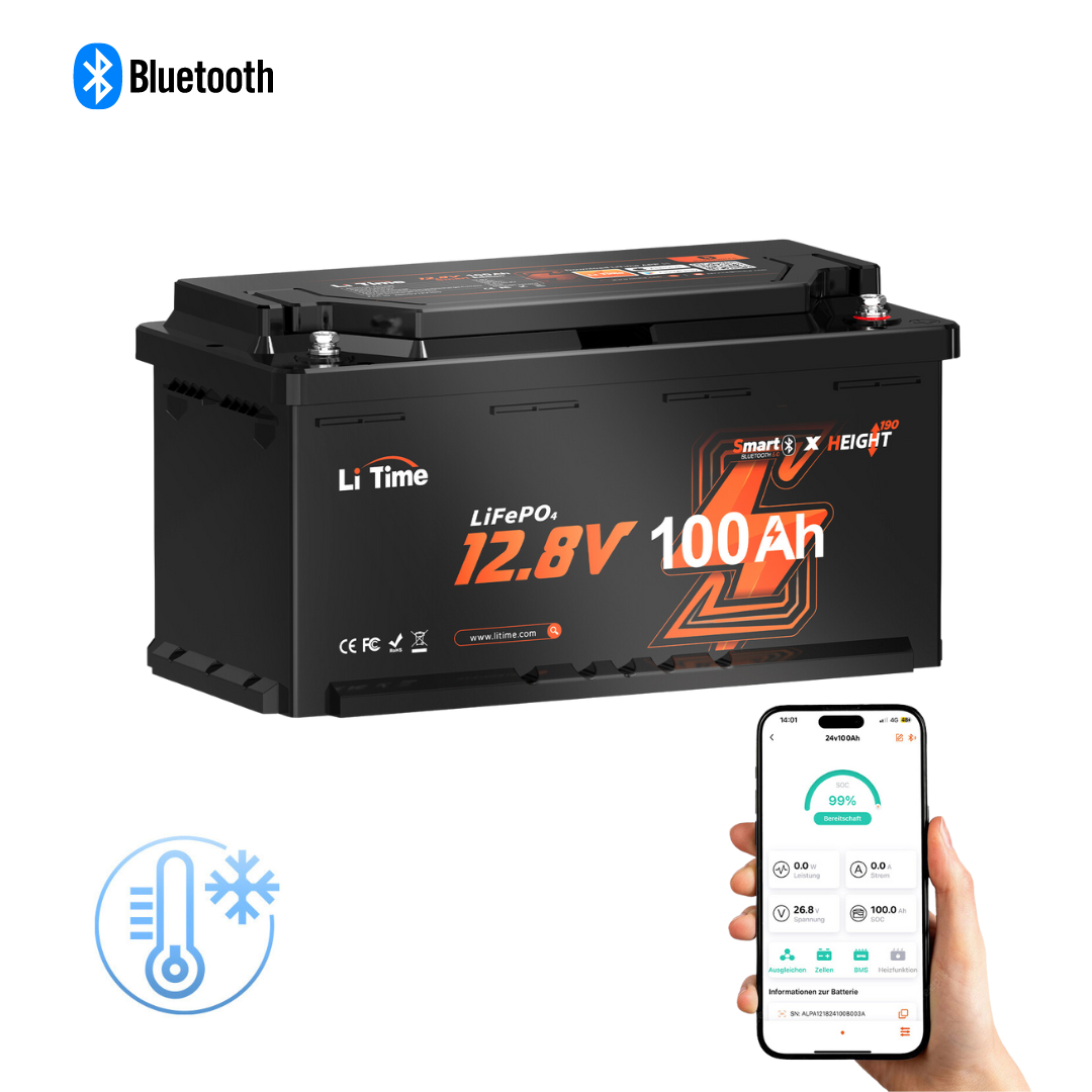12V 100Ah H190 Deep-Cycle LiFePO4 Battery with Bluetooth mobile home Under Seat DIN H8 / L5 Group 49 ECE R10 Certified