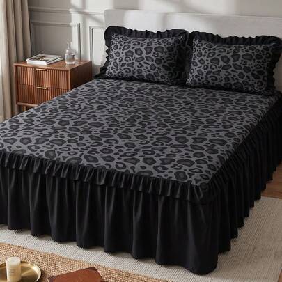 1 st sängkappa med svart leopardmönster, sängöverdrag, lakan, mysig rumsdekoration, hemtextil, volangkant med elastiska hörnremmar, mjuk och andningsb - Multifärgad (Multi-size)
