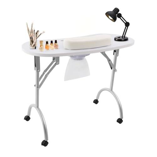 Fällbart nagelbord, nagelbord med hjul, multifunktionellt nagelbord med sugning, bärbart manikyrbord med MDF-bordsskiva (35,43 x 15,75 tum), för hushåll, nagelstudior, etc (vit)