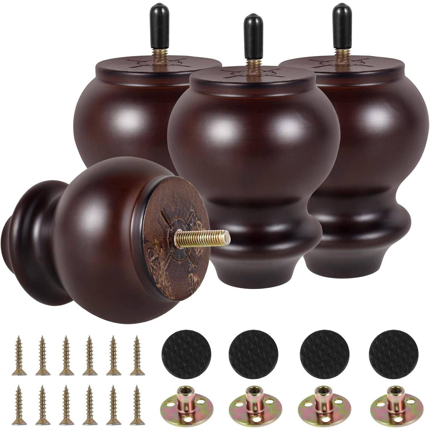 4 st Möbelben Pumpaformade Trämöbelben H10 cm Retro Valnöt Soffben med Förborrad 5/16''/M8 Bult & Monteringsplatta & Skruvar för Bord brun