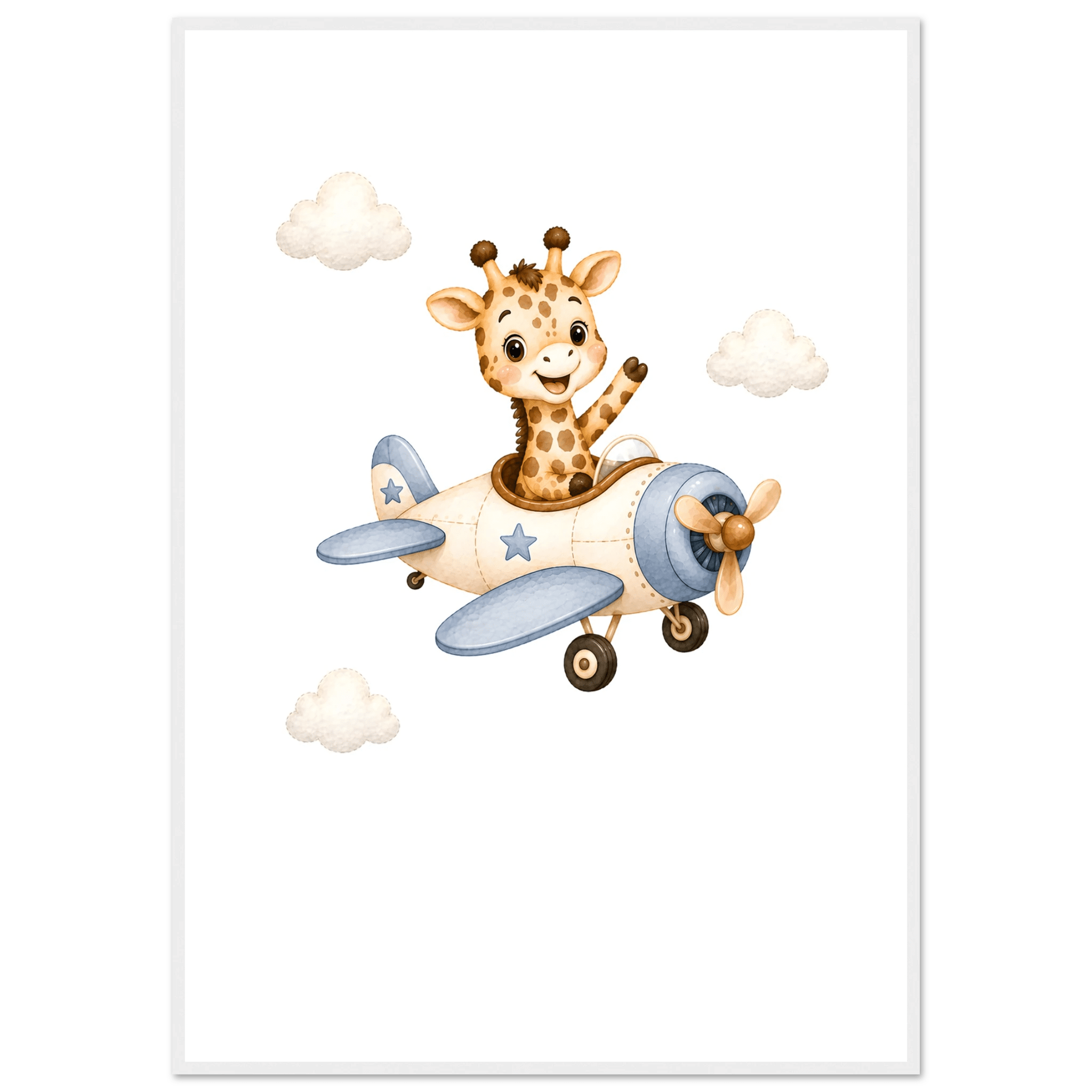 Giraff i flygplan med namn-70x100 cm / 28x40″ / Med ram / Vit