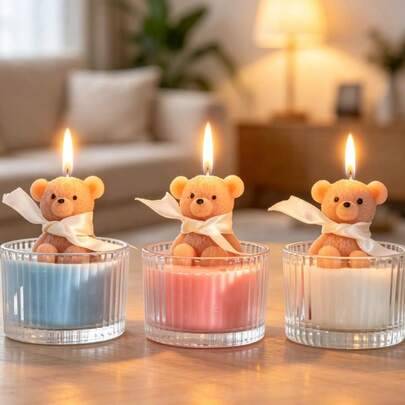 4 st lyxiga teddybjörnsdoftljus i glasbehållare, krämgula vaxljus (vit/blå/rosa), handgjorda doftljus för hemmet, bröllopsminne och dekoration, födels (4 st - 1 låda,1 st - Rosa,1 st - Lila,1 st - Vit,1 st - Blå)
