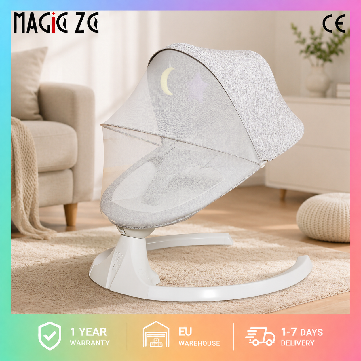 Electric Baby Rocker Smart Bouncer and Infant Swing with Bluetooth Music, Automatic 5-Speed Motion Soothing Sleep Pod, Bionic Ergonomic Newborn Cradle Seat with Foldable Mosquito Net Blackout Canopy