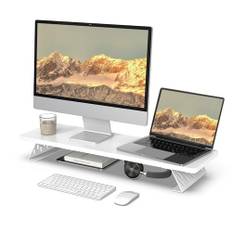 Fenge monitorstativ höjare för skrivbord, stor datorskärmstativ för 2 bildskärmar trä, skrivbord, organiseringsstativ för PC, bärbar dator, skrivare, TV-skärm (vit, 80 cm)