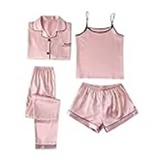 Pyjamasset dam set 4 delar – satinpyjamas dam set 4, satin pyjamas set nattkläder dam sidenpyjamas kortärmad grov silke pjs set hemmadräkt loungewear pyjamas set nattkläder sovbyxor, ROSA, S