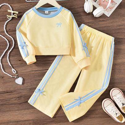 2-delat set för flickor med långärmad stickad sweatshirt med rosettband och långa sportbyxor, vår och höst, vit, 7-års födelsedagspresent - Gul (6Y,7Y,4Y,5Y)