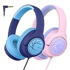 iClever Set med 2 hörlurar för barn, 85 dBA-kabel, säker volym, stereoljud, 3,5 mm vikbart öronuttag för barn, iPads, surfplattor, skola, resor
