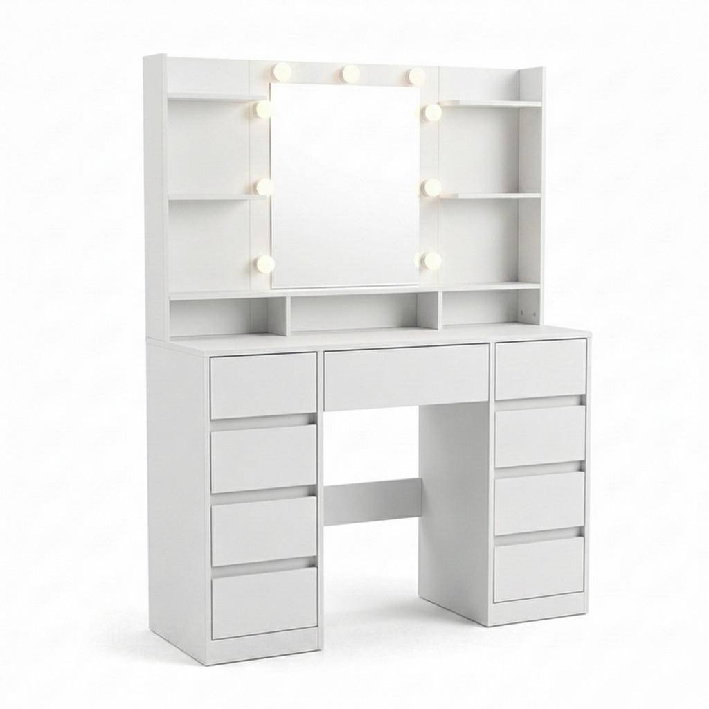SMINKBORD Vitt LED-spegel 9 lådor