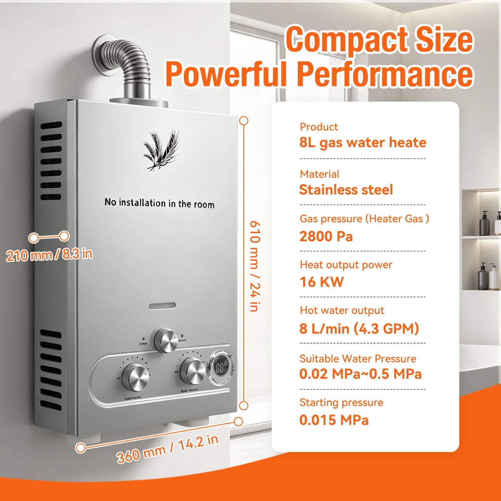 SIHAO Wall Mounted Tankless Gas Water Heater, 8L 16KW LPG Propane Instant Hot Water Boiler with LED Display, Household Equipment for Shower and Kitchen Hot Water 8