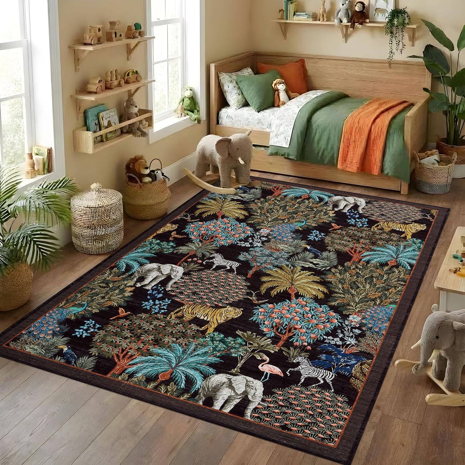 Djungeldjurmönster Mattmatta, Safari Tiger Elefant & Zebra Design Halkfri Golvmatta för Barnrum Barnkammare Heminredning Matta