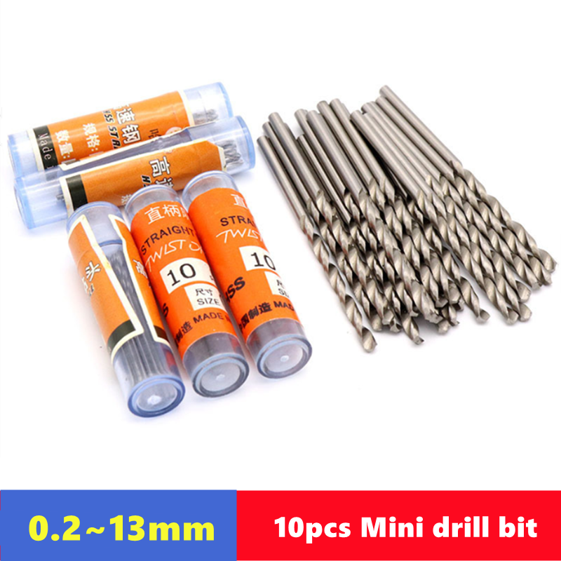 HSS 10pcs Mini Straight Shank Drill Bit 0.2-13mm, Carbon Steel, Aluminum, Copper, Wood, Hand Drill Machine Tool Drilling Bit Set