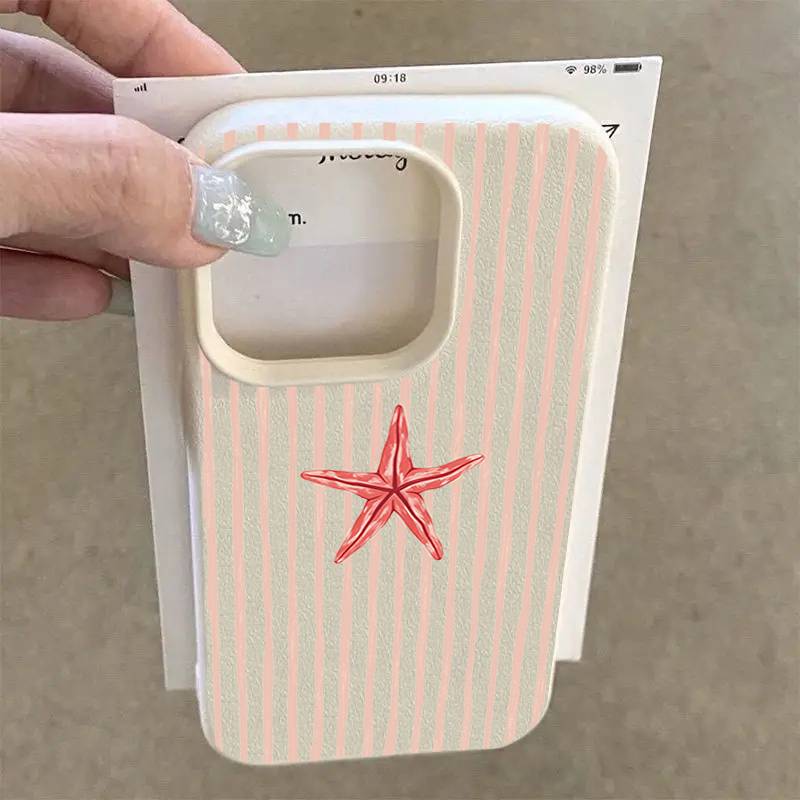 Preppy Pink Stripe Red Starfish Leather Phone Case For iPhone 17 16 15 14 13 12 11 Pro Max Cute Summer Ocean Protective Cover