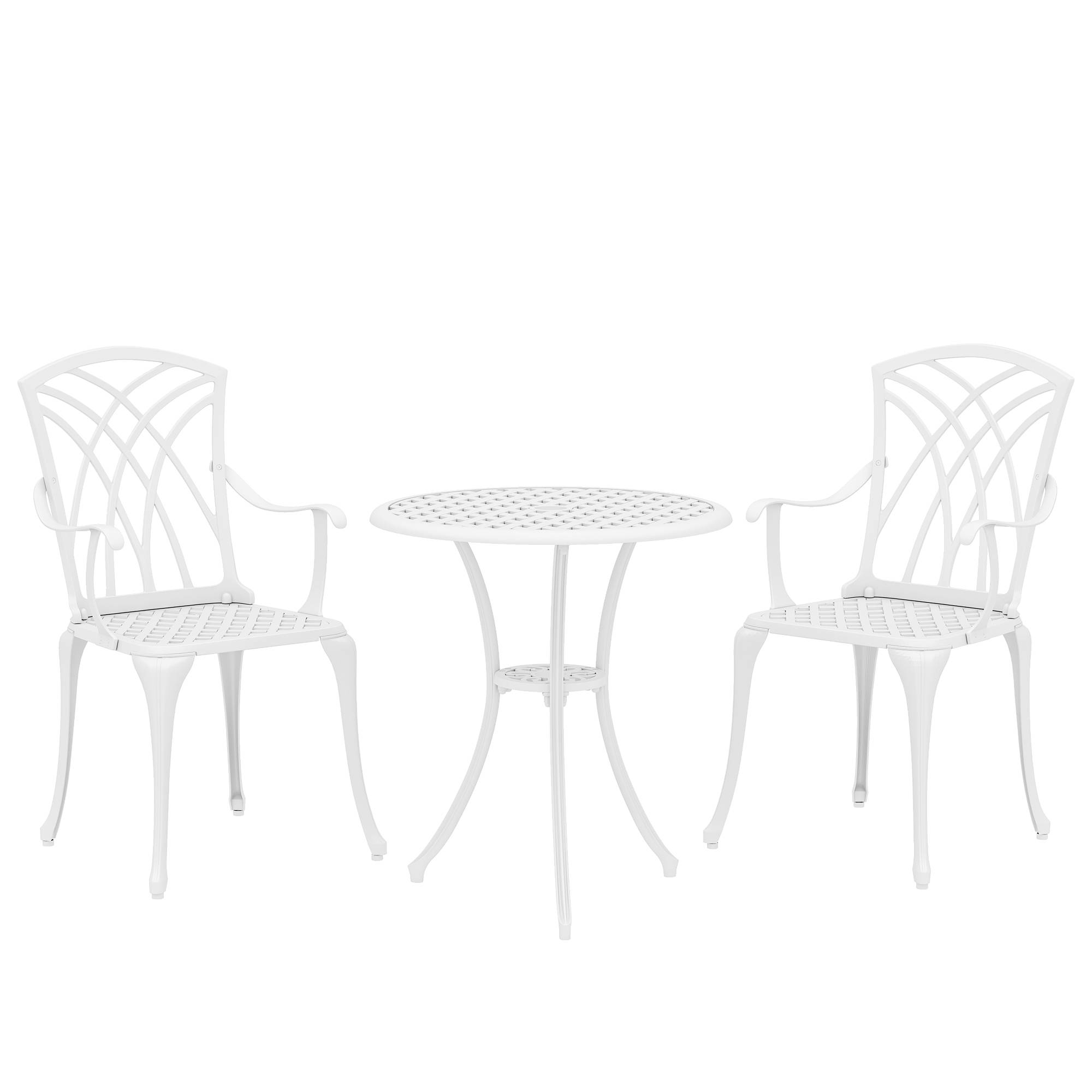 Outsunny 3 Pieces Garden Bistro Set, Cast Aluminium Outdoor Dining Set with 2 Chairs and Round Table with Parasol Hole, White