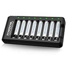 POWEROWL Uppladdningsbara AAA-batterier 1000mAh + Batteriladdare Med 8 Fack - Kompatibla Med 1,2V AA- Och AAA-batterier