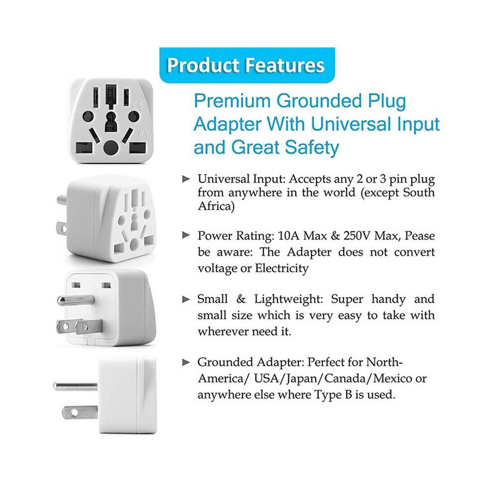 6X US Travel Plug Adapter EU/UK/AU/In/CN/JP/Asia/Italy/Brazil to USA (Type B), 3 Prong USA Plug, Charger Converter White