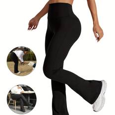 TEMU Plus Size Sports Pants, Women's Plus Solid Wide Waistband Flared Leg High Trousers