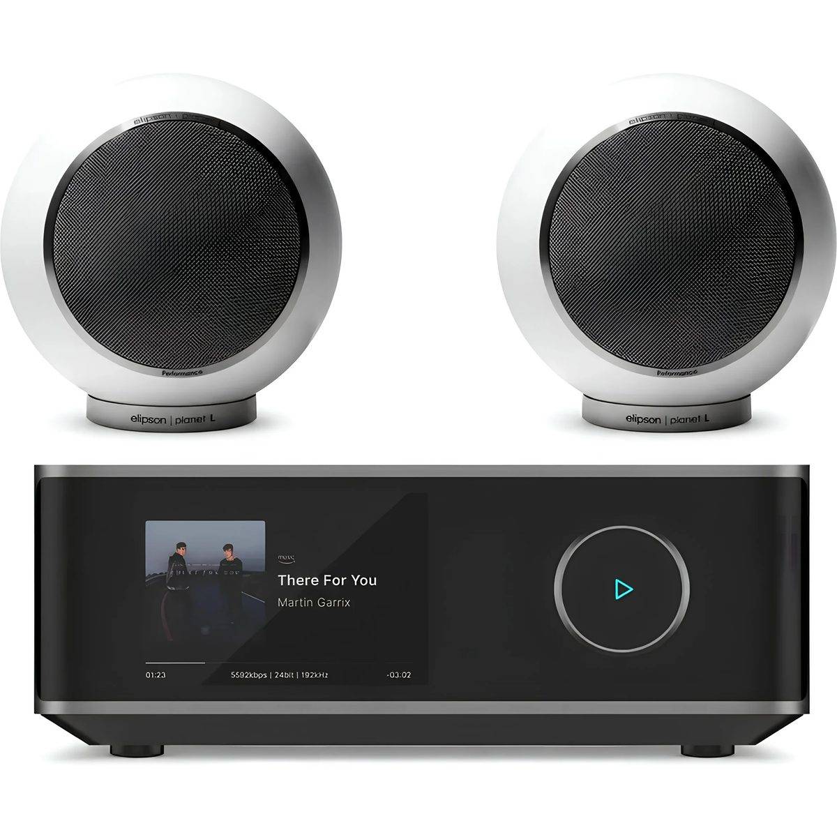 Elipson + WiiM Planet L Performance 2.0 hvid lak (sæt med 2) + Amp Ultra space grå.