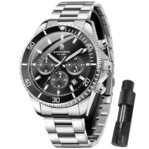 SAPPHERO Uhren Herren Chronograph Analog Quarz 50M Wasserdicht Armbanduhr Herren Mode Lässig Business Herrenuhren mit Kalender Edelstahlarmband Uhr Geschenk für Männer