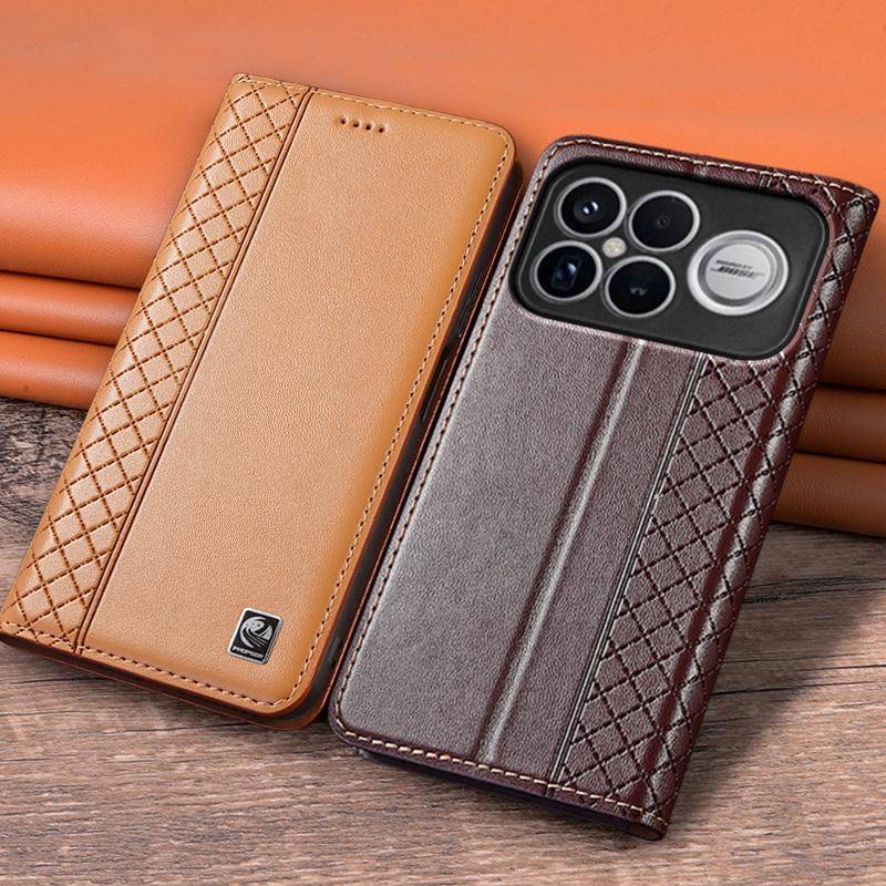 Flip Case for XIAOMI POCO F9 Pro Ultra F9Ultra 5G Genuine Leather Magnetic Cover Cowhide Grid Pattern Card Pocket Wallet Cases
