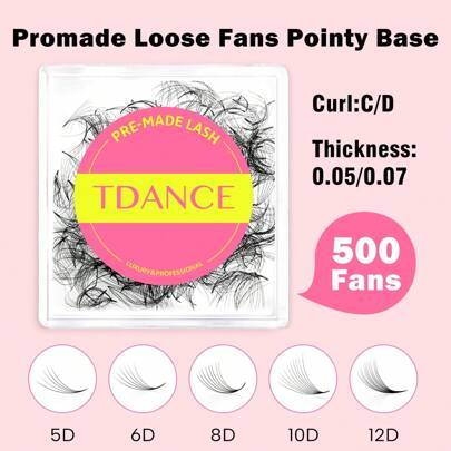 TDANCE 1 box 500 st färdiga lösa volymögonfransar med spetsig bas, 8D/10D/12D, handgjorda premade fan-stjälkar, 0.05/0.07 C, 8–15 mm, franskluster, in
