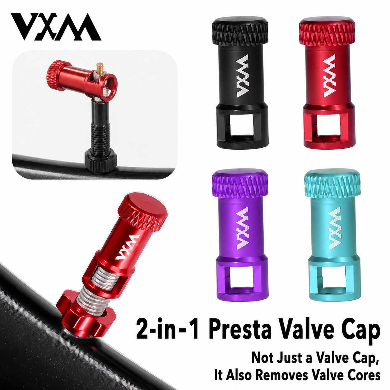 VXM Bicycle Presta Valve Cap 2-in-1 Tool Aluminum Alloy Valve Core Remover for Road Mountain Bike Dustproof Cycling Parts