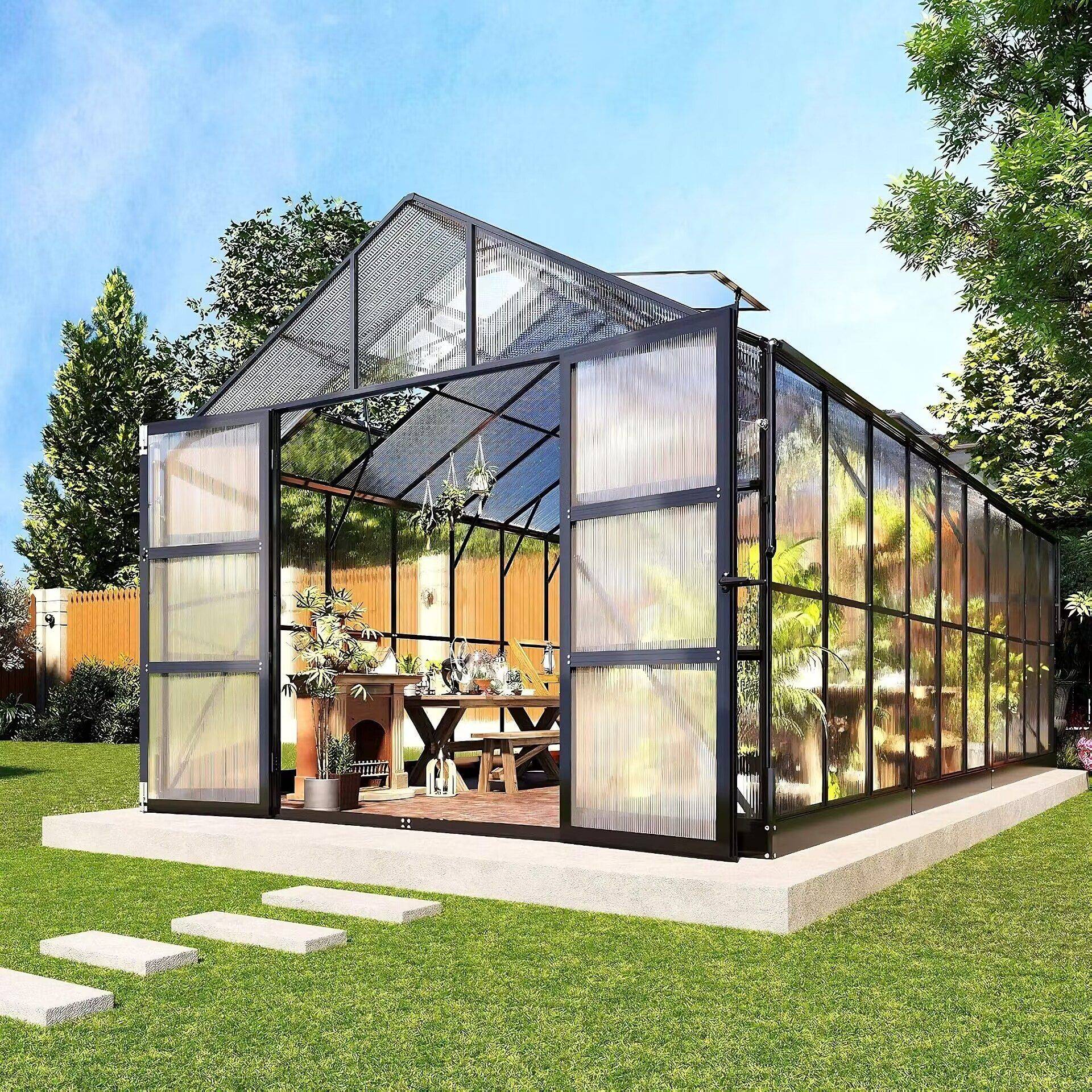 Växthus 18m² Premium | Extra hög odlingshöjd 6mm kanalplast Svart - Metall
