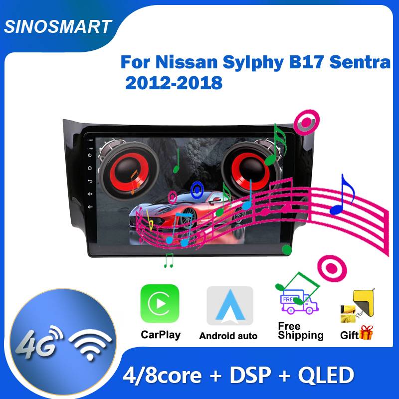 SINOSMART Android Car Radio for Nissan Sylphy B17 / Sentra 2012–2019,10.1" Screen CarPlay, Android Auto 48EQ DSP | Black & Grey