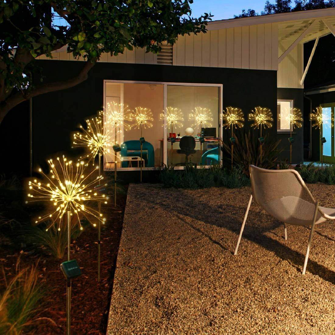 New Ground Plug Solar Fireworks Light LED Light String Copper Wire Outdoor Garden Decoration Star Lights Christmas Lights - Round / White / 120light