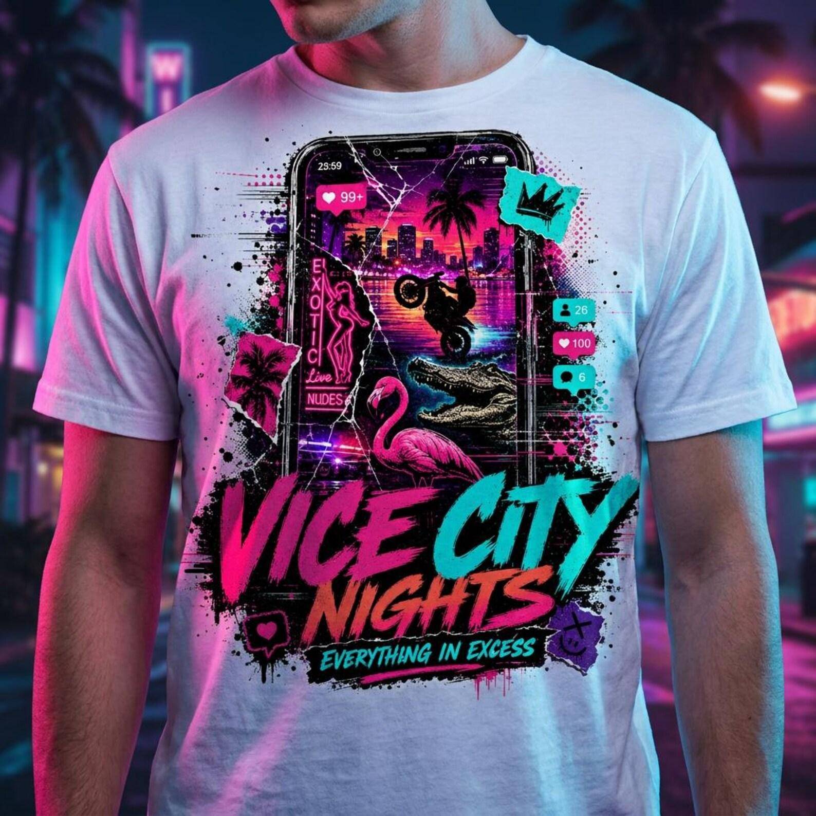 GTA 6 T-shirt, Vice City Synthwave T-shirt, Retro Gamer Grafisk T-shirt cm black
