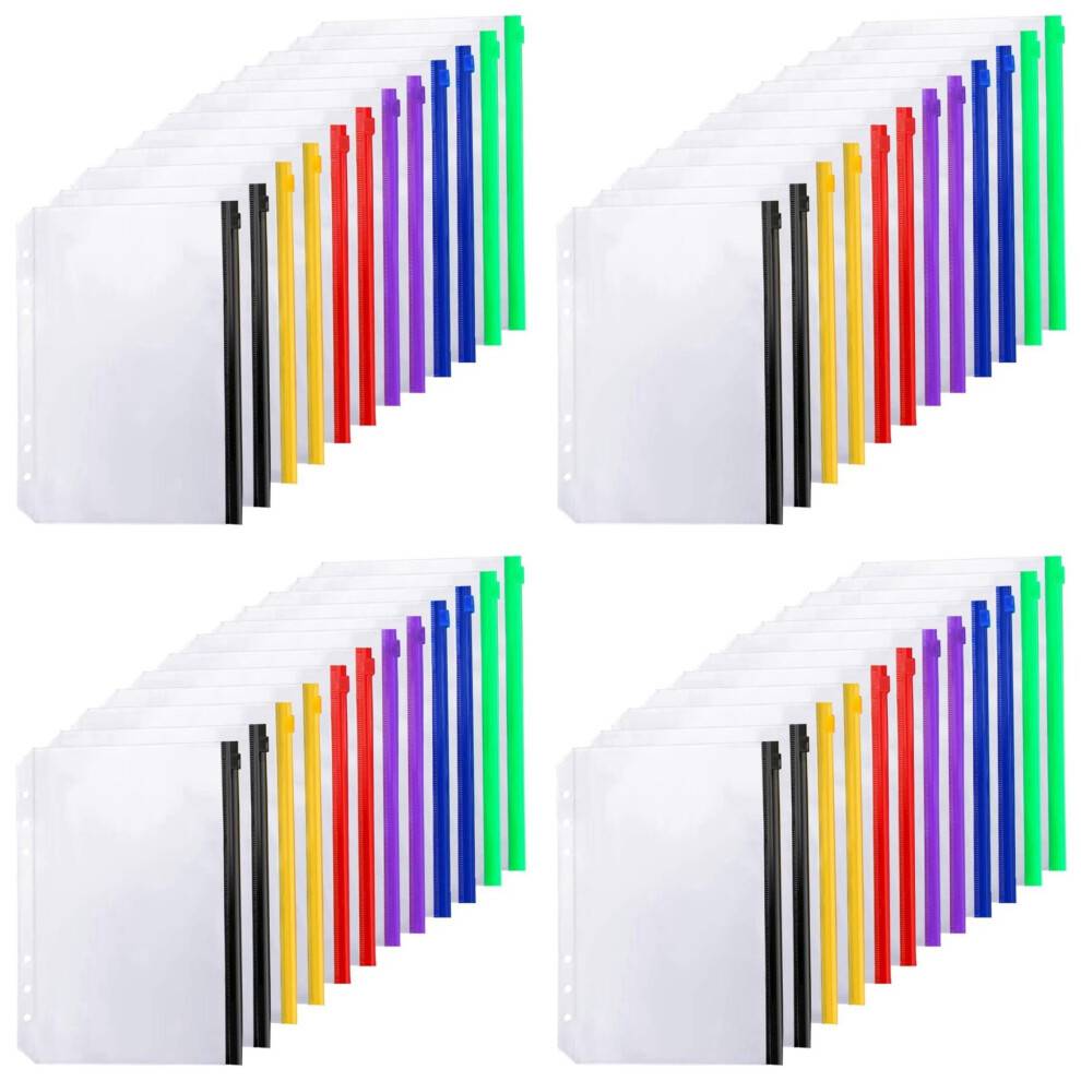 48PCS Binder Pockets A5 Size 6 Holes Zipper Binder Pouch Folders for 6-Ring Notebook Binder Loose Leaf Bags