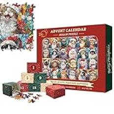 Julkalender pussel, katt adventskalender 2024, 1000 stycken jul djur nedräkningskalender, 24 dagar advent pussel för vuxna barn